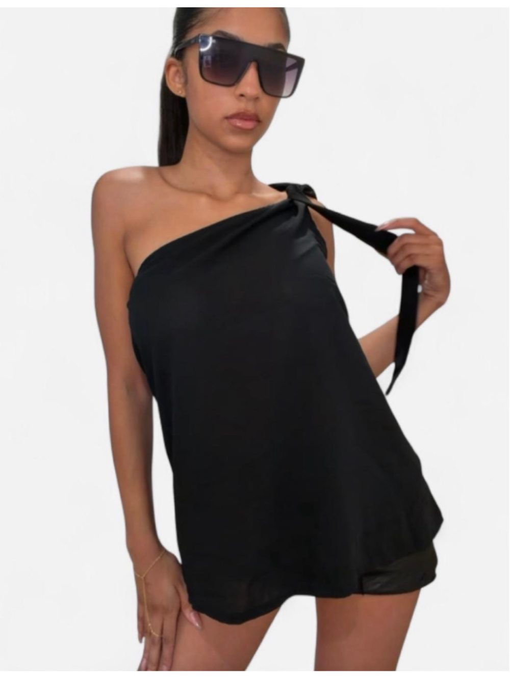 One-Shoulder Tie-Strap Tank Top Black - Picture 3 of 4